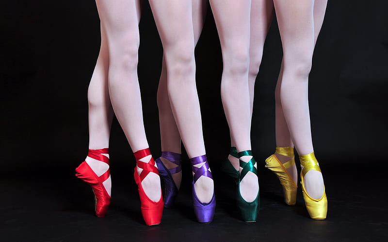 Pointe shoes, colorful, ballerina, pointe, legs, black, Ballet shoes, shoes, HD wallpaper