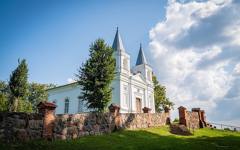 Church in Latvia, Latvia, clouds, church, catholic, gate, HD wallpaper