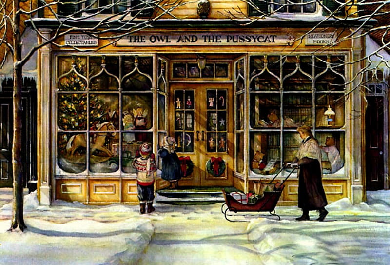 Window Shopping, sleigh, christmas tree, christmas, holiday, woman, winter, boy, snow, store, HD wallpaper