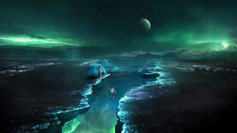 Abyss, fantasy, luminos, astronaut, cosmonaut, t1na, world, view from the top, green, blue, HD wallpaper