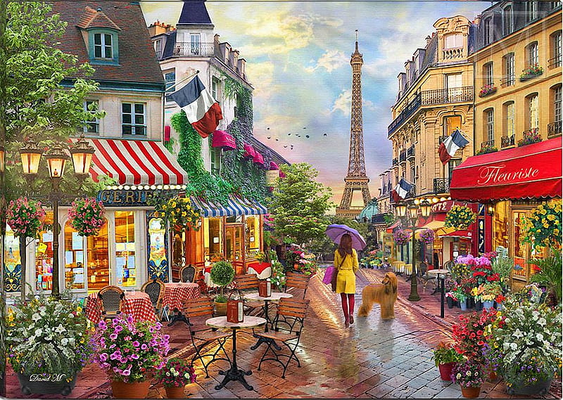 Parisian Charm, restaurant, eiffel tower, houses, painting, woman, dog, artwork, street, HD wallpaper