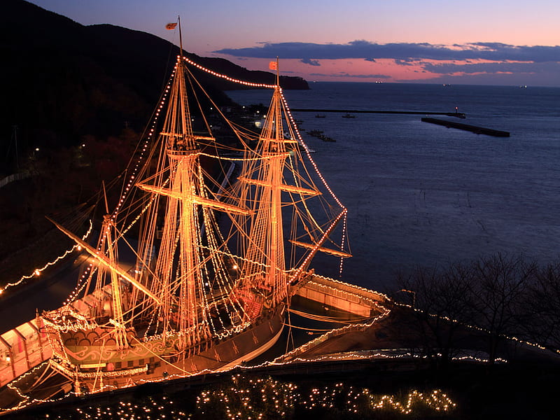 Illumination, hills, sailing, sunset, lights, boat, water, ship, harbour, masts, HD wallpaper