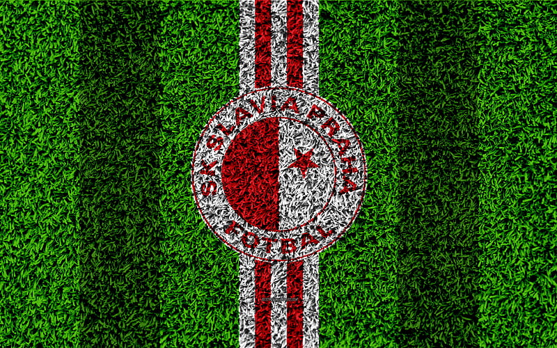 SK Slavia Praha logo, football lawn, red white lines, Czech football club, grass texture, 1 Liga, Prague, Czech Republic, Czech First League, football, HD wallpaper