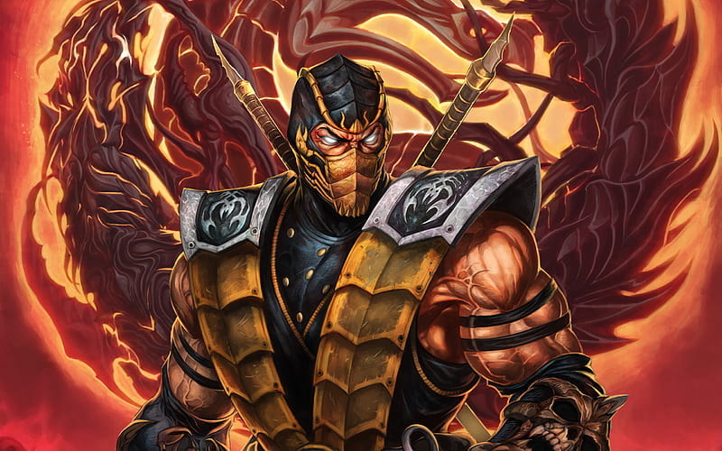 Scorpion, artwork, Mortal Kombat, ninja, fighting game, fire, HD wallpaper