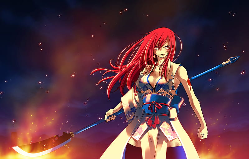 Erza Scarlet, female, redhead, erza, red hair, thigh highs, fire, fairy tail, flames, girl, anime, anime girl, weapon, long hair, red eyes, night, HD wallpaper