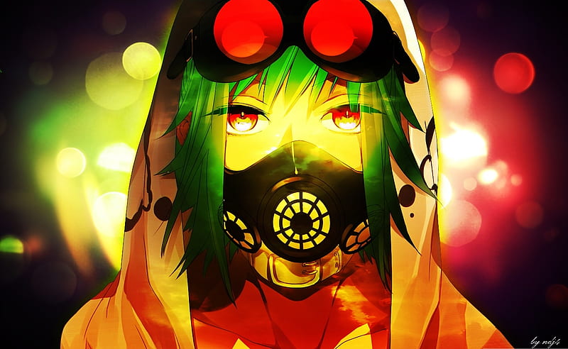 Anime girl, red, hair, green, girl, anime, eyes, mask, gas, HD wallpaper