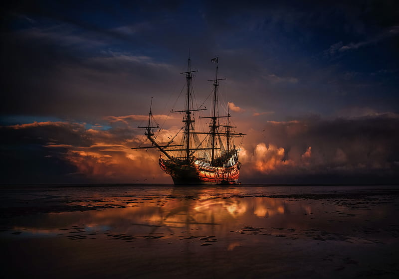 ship, horizon, sunset, sea, HD wallpaper