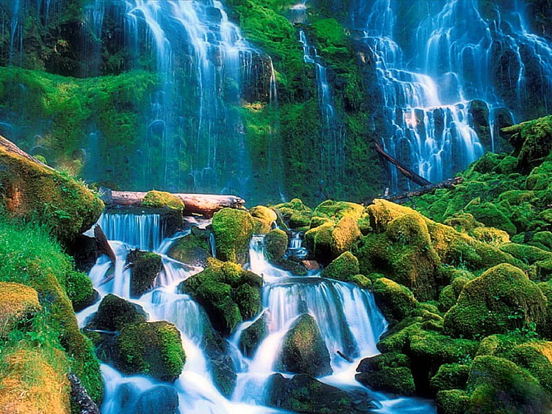 --Breathtaking Waterfalls--, stunning, panoramic view, attractions in dreams, bonito, seasons, graphy, green, landscapes, forests, scenery, blue, colors, love four seasons, places, creative pre-made, trees, waterfalls, cool, paradise, mountains, plants, summer, nature, tropical, HD wallpaper