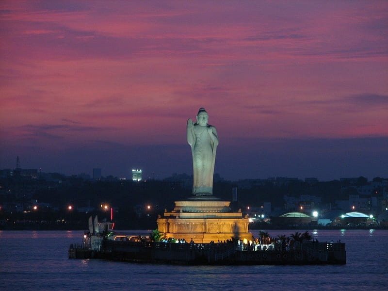Buddha Statue, Hyderabad Lake ~ India, hyderabad, buddha, india, sunset, island, lake, HD wallpaper