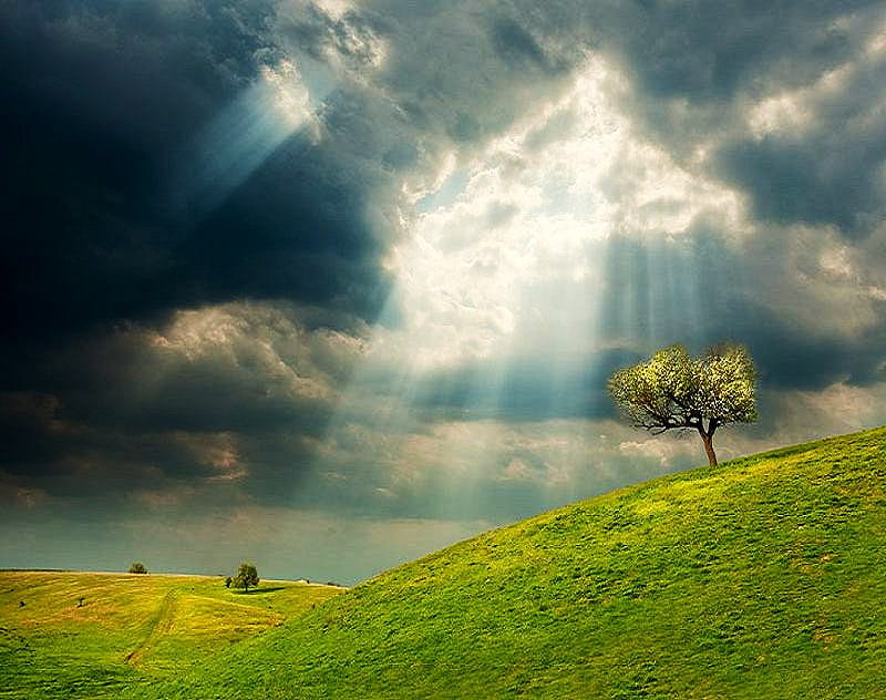 Light after the darkness, hills, black, sun rays, storm clouds, clearing, country, trees, HD wallpaper