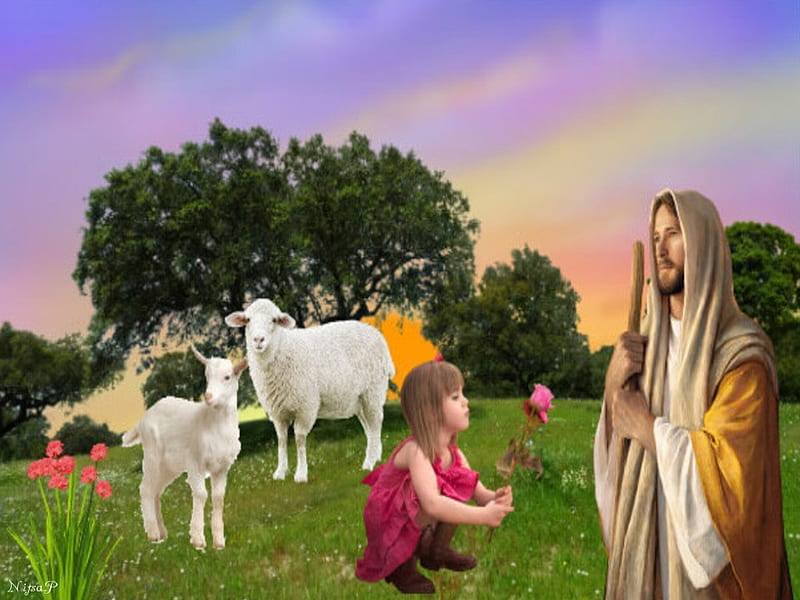Jesus Christ, sheep, nature, girl, Jesus, trees, HD wallpaper | Peakpx