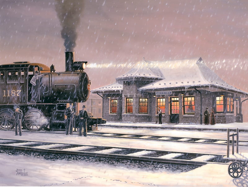 Christmas Eve Train, conductor, christmas, home, steam, workers, lights, winter, cold, train, snowing, snow, waiting, people, station, smoke, tracks, HD wallpaper