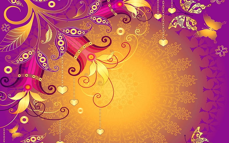 Flowers and Butterflies, gold, circles, flowers, chains, violet, butterflies, corazones, HD wallpaper