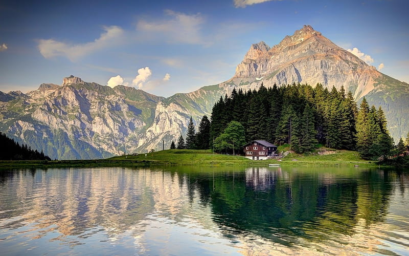 Switzerland, lake, hut, mountains, Alps, HD wallpaper