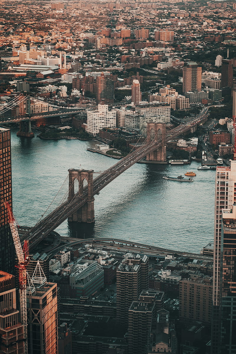 city, bridge, aerial view, buildings, architecture, river, HD phone wallpaper