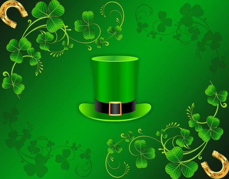 Saint Patrick's Day, top hat, clovers, Saint Patricks Day, green, horseshoes, shamrocks, Patricks Day, hat, HD wallpaper