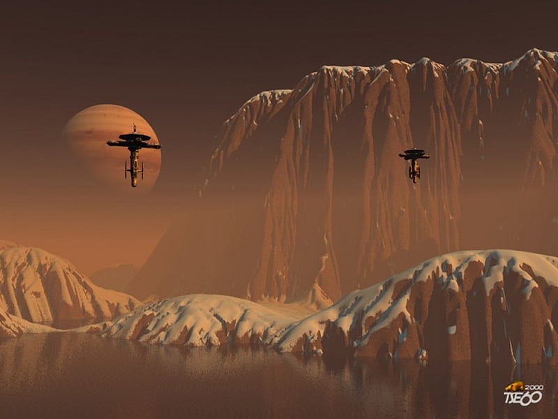 red planet, water, planet, floating colonies, snow, mountains, red mist, HD wallpaper