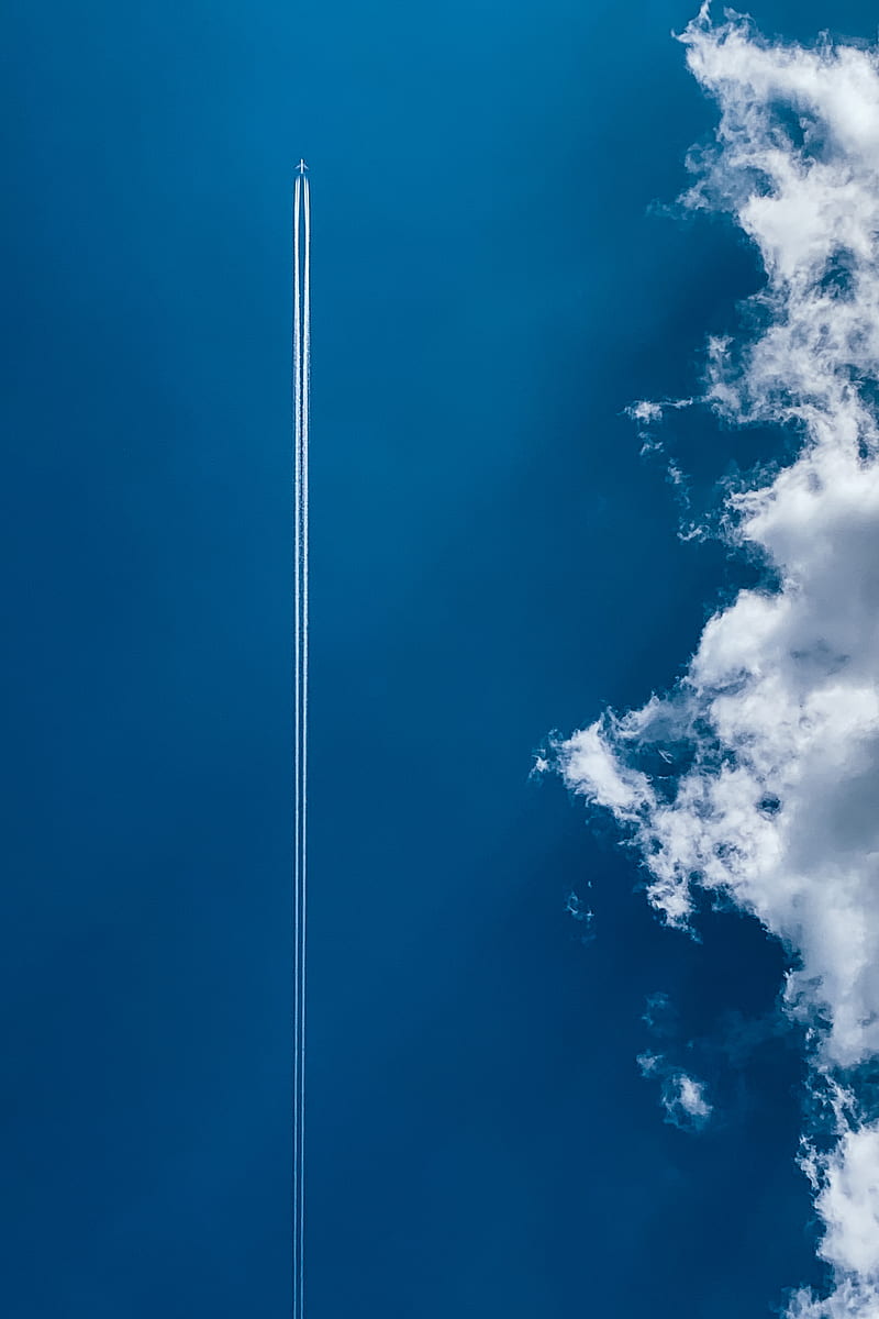 plane, trail, sky, clouds, blue, HD phone wallpaper