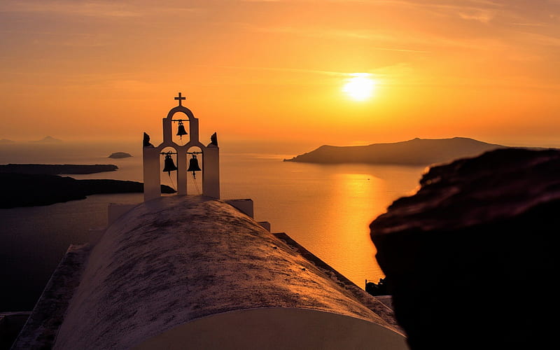sunset over a church on a greek isle, bell tower, sunset, island, church, sea, HD wallpaper