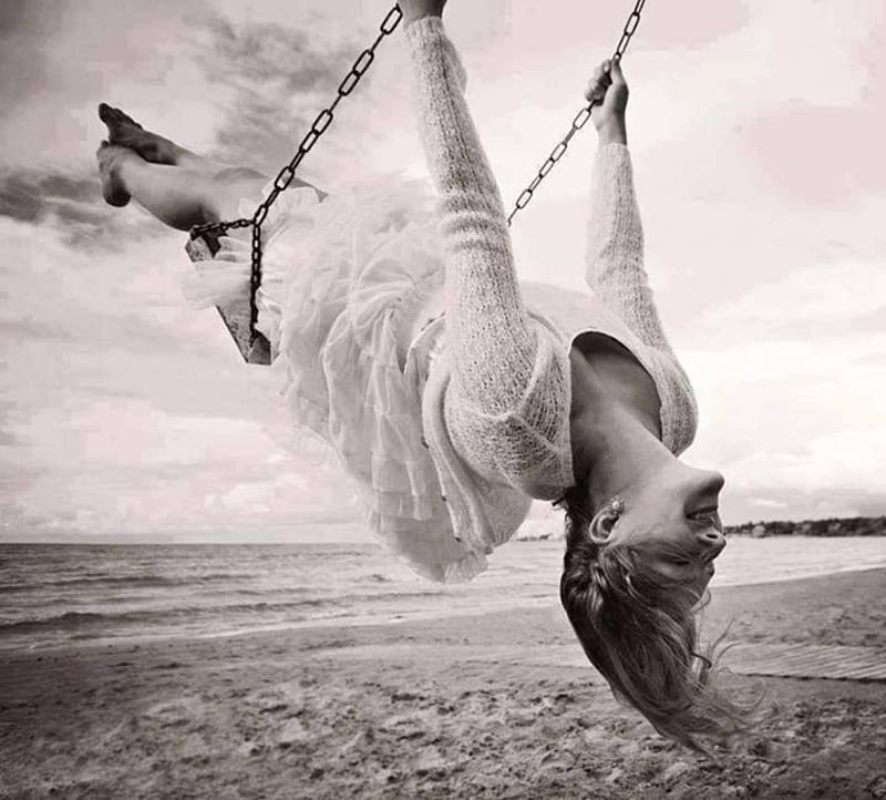 *, beach, graphy, girl, swing, love, black and white, up and down, sea, HD wallpaper