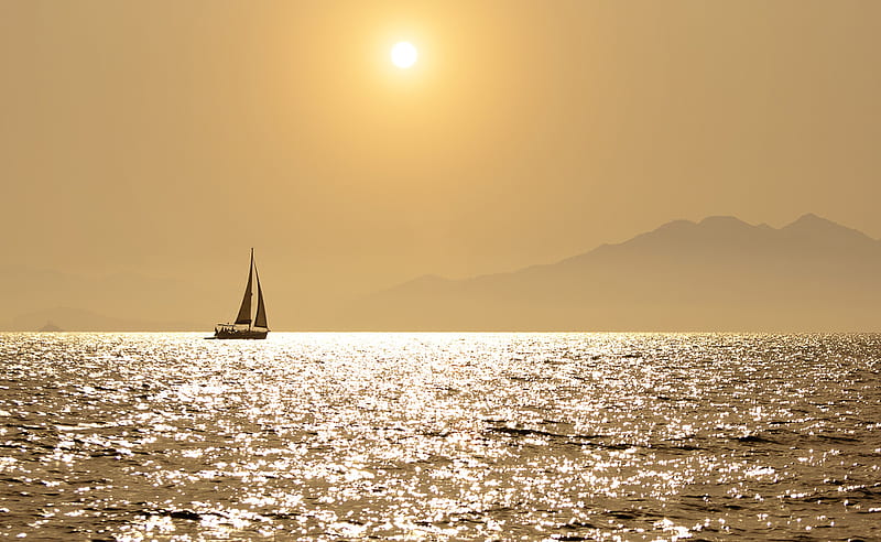 Shimmering Sea, mountain, sun, boat, golden, sailing, shimmering, sea, HD wallpaper