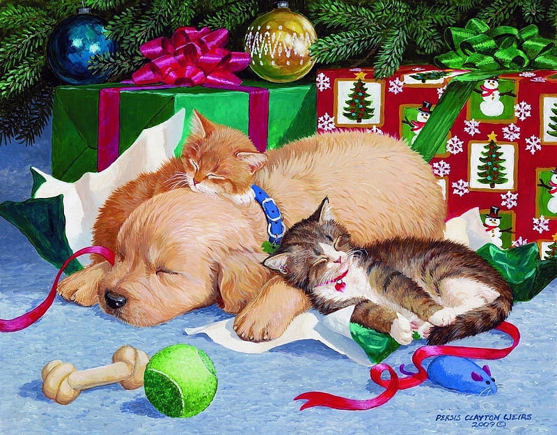 Tired pets, art, craciun, christmas, caine, cat, animal, persis clayton weir, painting, kitten, pictura, pisica, puppy, dog, HD wallpaper