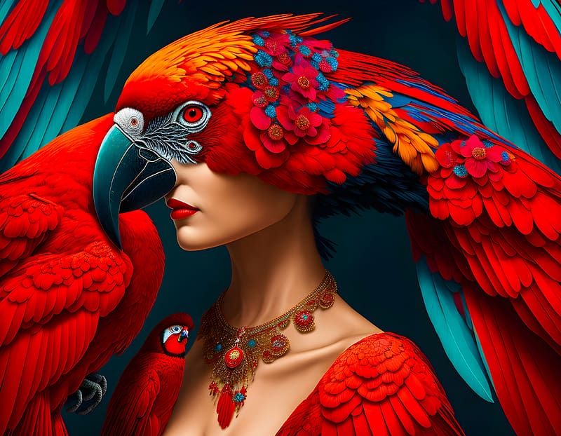 Parrot Queen, red, beautiful, girl, parrot, woman, art, , digital, lamamake, fantasy, ai, HD wallpaper