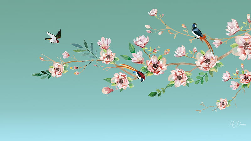 Oriental Blosssom Tree & Bird, tree, magnolias, birds, blossoms, flowers, blooms, Asian, Firefox theme, delicate, Oriental, HD wallpaper