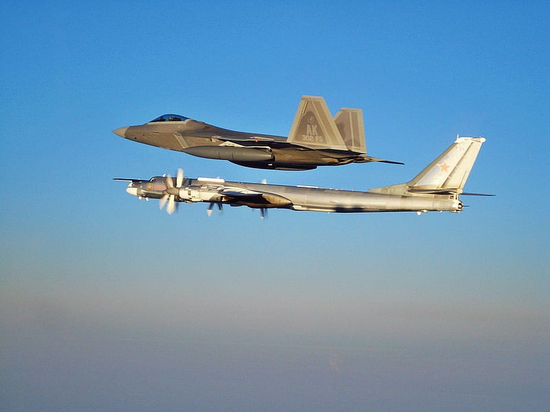 F 22 escorting Tu 95, tu-95, fighter, bear, raptor, bomber, f-22, HD wallpaper
