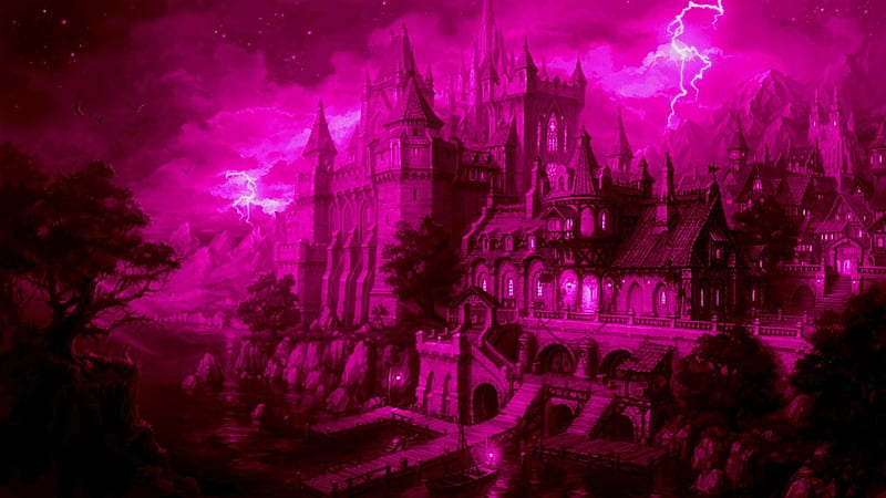 Fantasy castle, view, sky, lake, lights, tree, fantasy, purple, castle ...