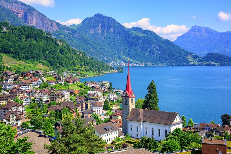 Mountain, Lake, Switzerland, Town, Lucerne, , Towns, HD wallpaper