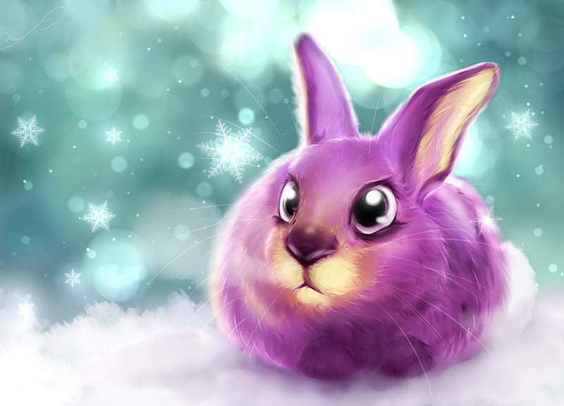 Pink bunny, art, rabbit, luminos, manu, martith, winter, fantasy, snow, bunny, pink, blue, HD wallpaper