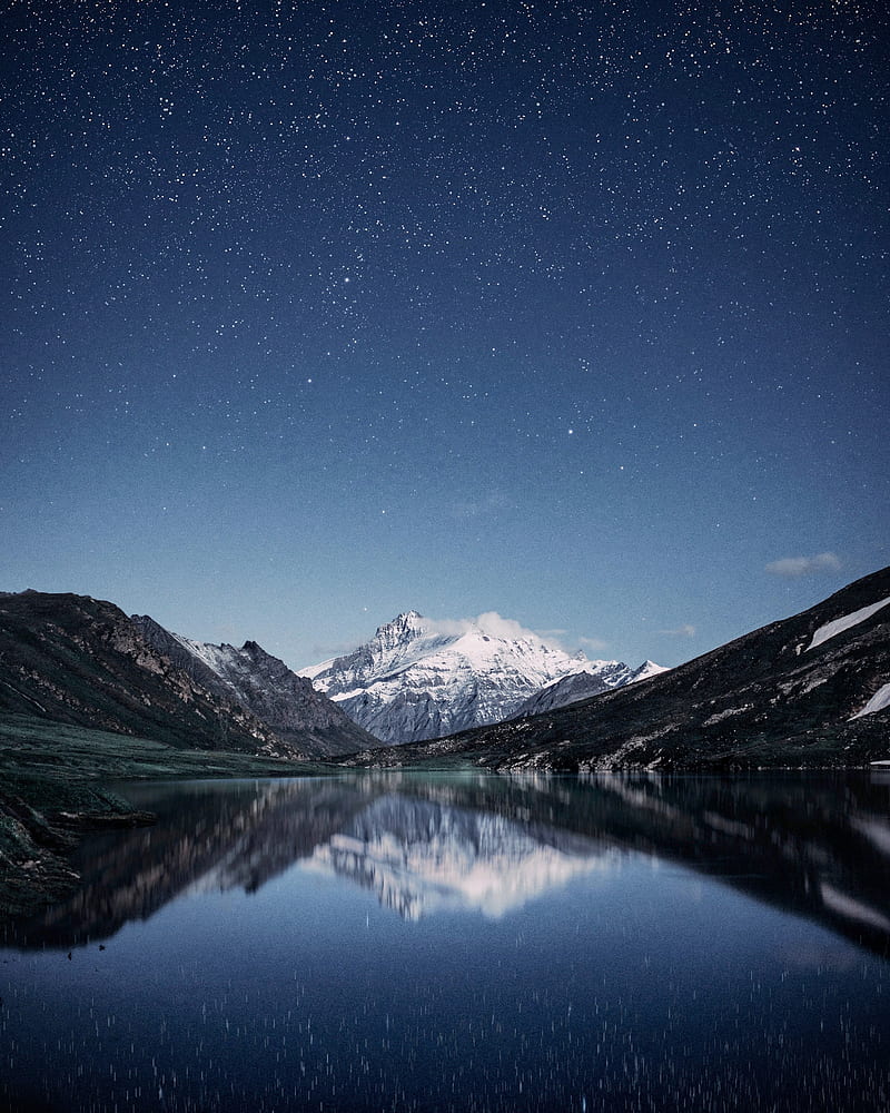 mountains, night, starry sky, reflection, snowy, HD phone wallpaper