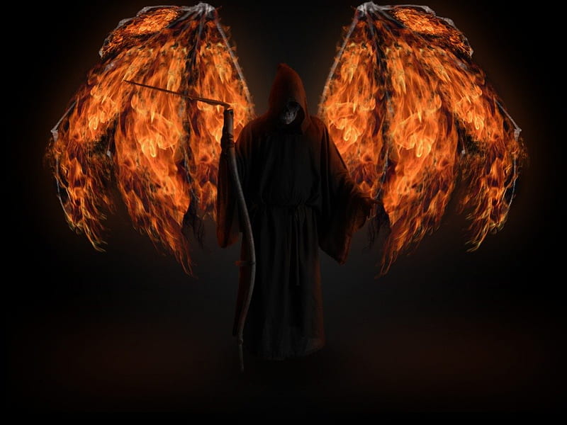 Angel of death, fire, glow, wings, darkness, HD wallpaper