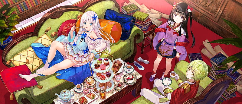 Party, girl, food, anime, manga, fuji choko, room, sofa, sweet, HD wallpaper