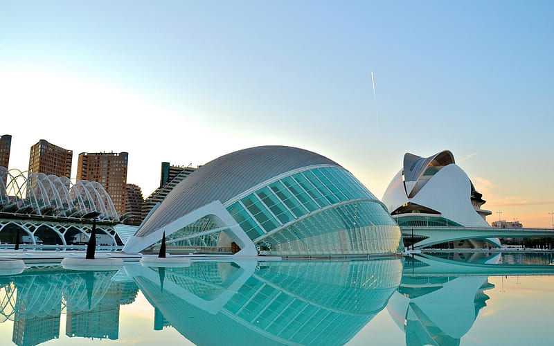 Architecture, City, Reflection, Airplane, Valencia, Spain, Jet, Man Made, City Of Arts And Sciences, Hemispheric, HD wallpaper
