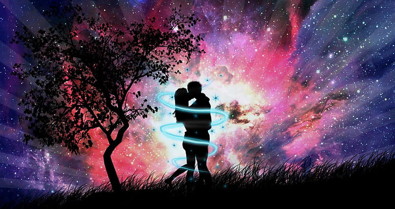 Love Couple, together, abstract, sky, silhouette, fantasy, purple, love, neon, liss, ring, pink, couple, blue, HD wallpaper