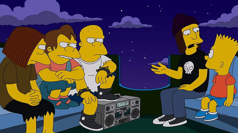 bart simpson talking with friends in blue starry sky background movies, HD wallpaper