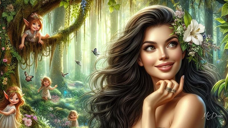 Forest Beauty & Elves, flowers, fairies, elves, woman, beauty, forest, tree, woods, HD wallpaper