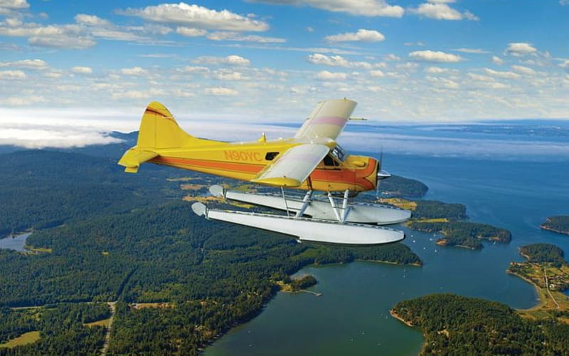 Seaplane in the Sky, seaplane, America, sky, landscape, HD wallpaper
