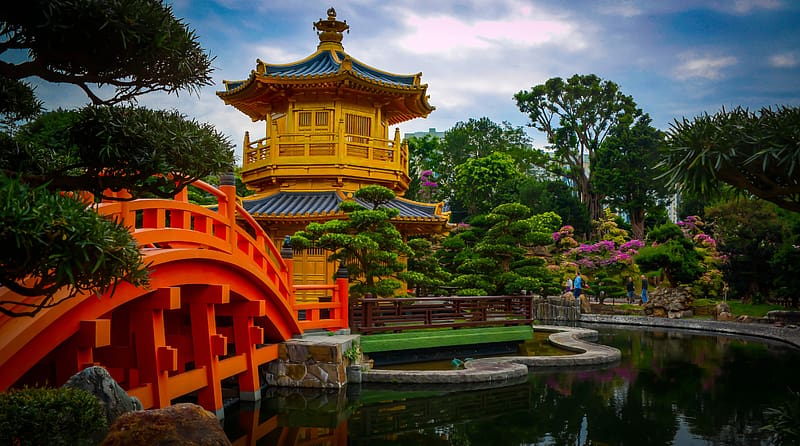 Park, Bridge, Pagoda, Garden, Pond, Hong Kong, Religious, Chi Lin Nunnery, HD wallpaper