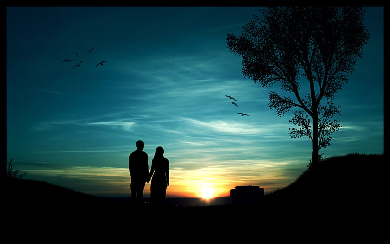 Couple Enjoy Sunset, tree, romantic, birds, sunset, couple, HD wallpaper