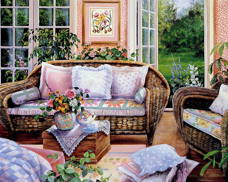 Cozy to live in, still life, table, garden, flowers, sofa, artwork, armchairs, door, painting, HD wallpaper