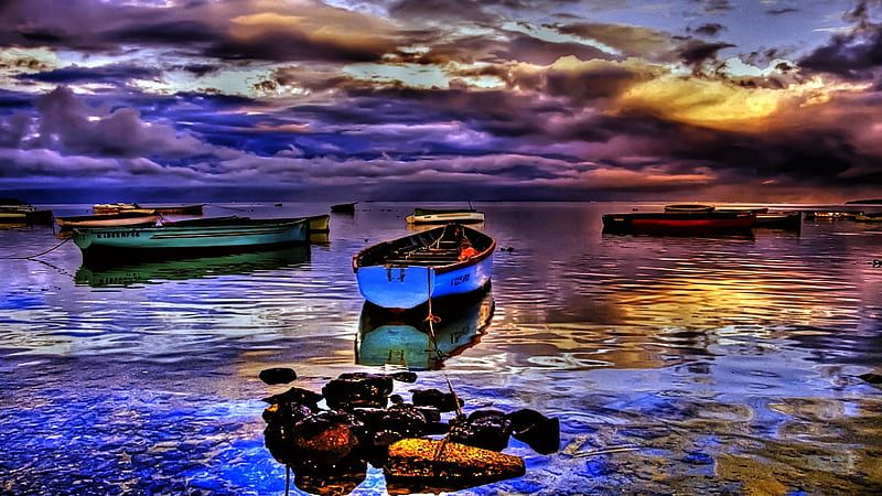 Peaceful Scene, Colorful, Boats, Clear, Bonito, Sunset, Lake 