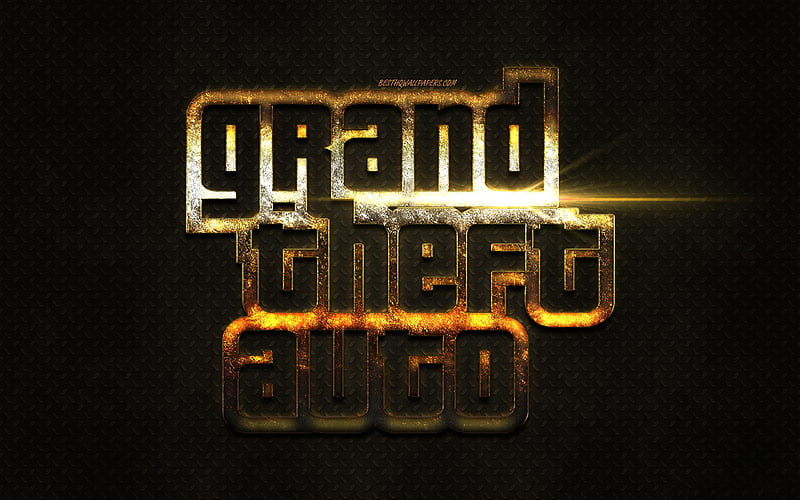 GTA logo, golden glitter logo, golden emblem, Grand Theft Auto, popular games, metal background, creative art, GTA, HD wallpaper