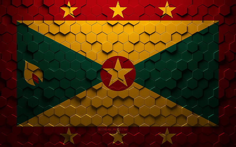 Flag of Grenada, honeycomb art, Grenada hexagons flag, Grenada, 3d hexagons art, Grenada flag, HD wallpaper