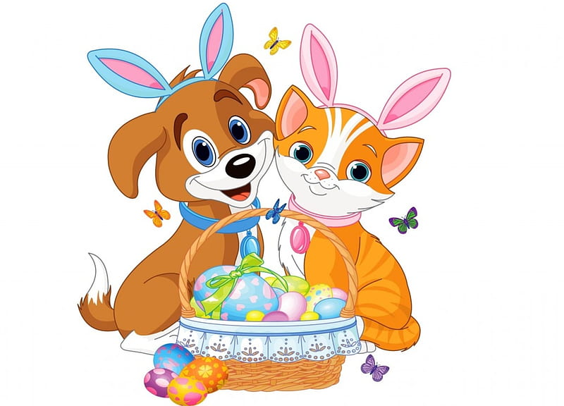 Happy Easter!, orange, easter, card, animal, egg, butterfly, pink, couple, dog, puppy, blue, ears, cat, cute, basket, bunny, kitten, white, HD wallpaper