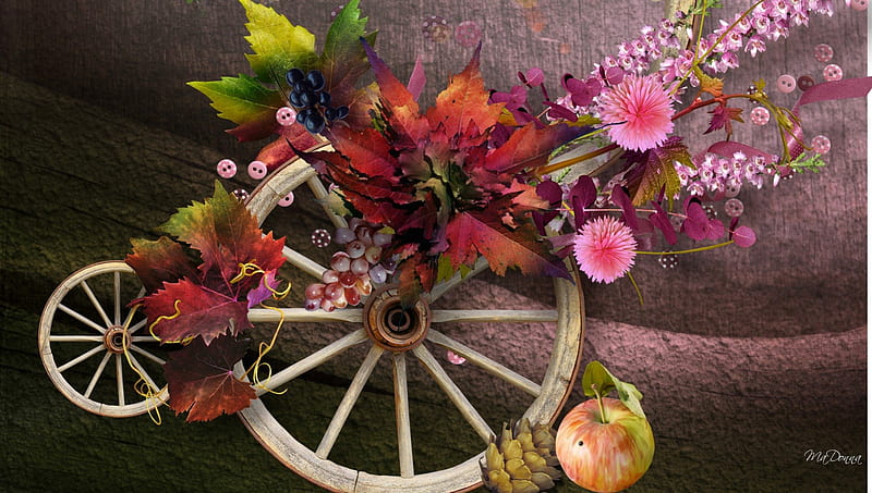 Autumn Wheels, apple, rustic, buttons, fall, autumn, cones, ribbons, country, wall, wagon wheel, leaves, plaster, berries, flowers, HD wallpaper