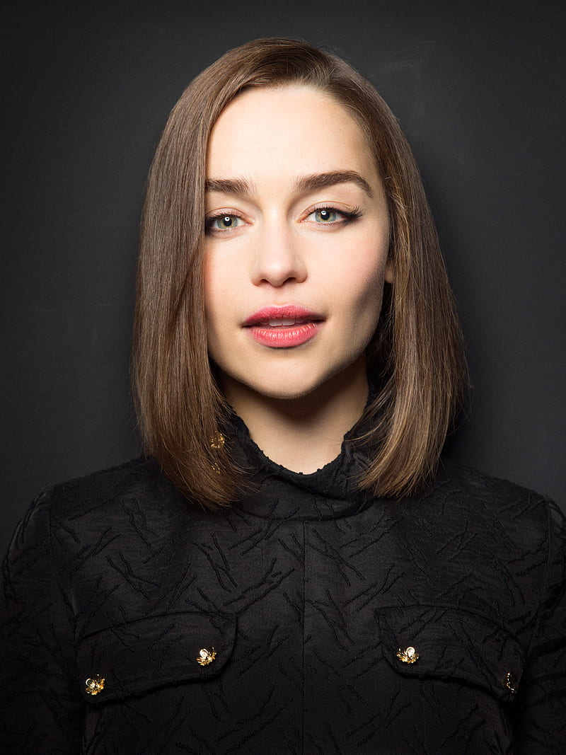 Emilia Clarke, women, shoulder length hair, actress, blue eyes, simple background, lipstick, HD phone wallpaper