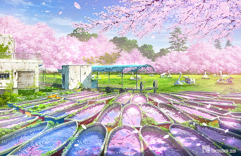 post-apocalyptic anime landscape, sakura blossom, field, ruins, Anime, HD wallpaper